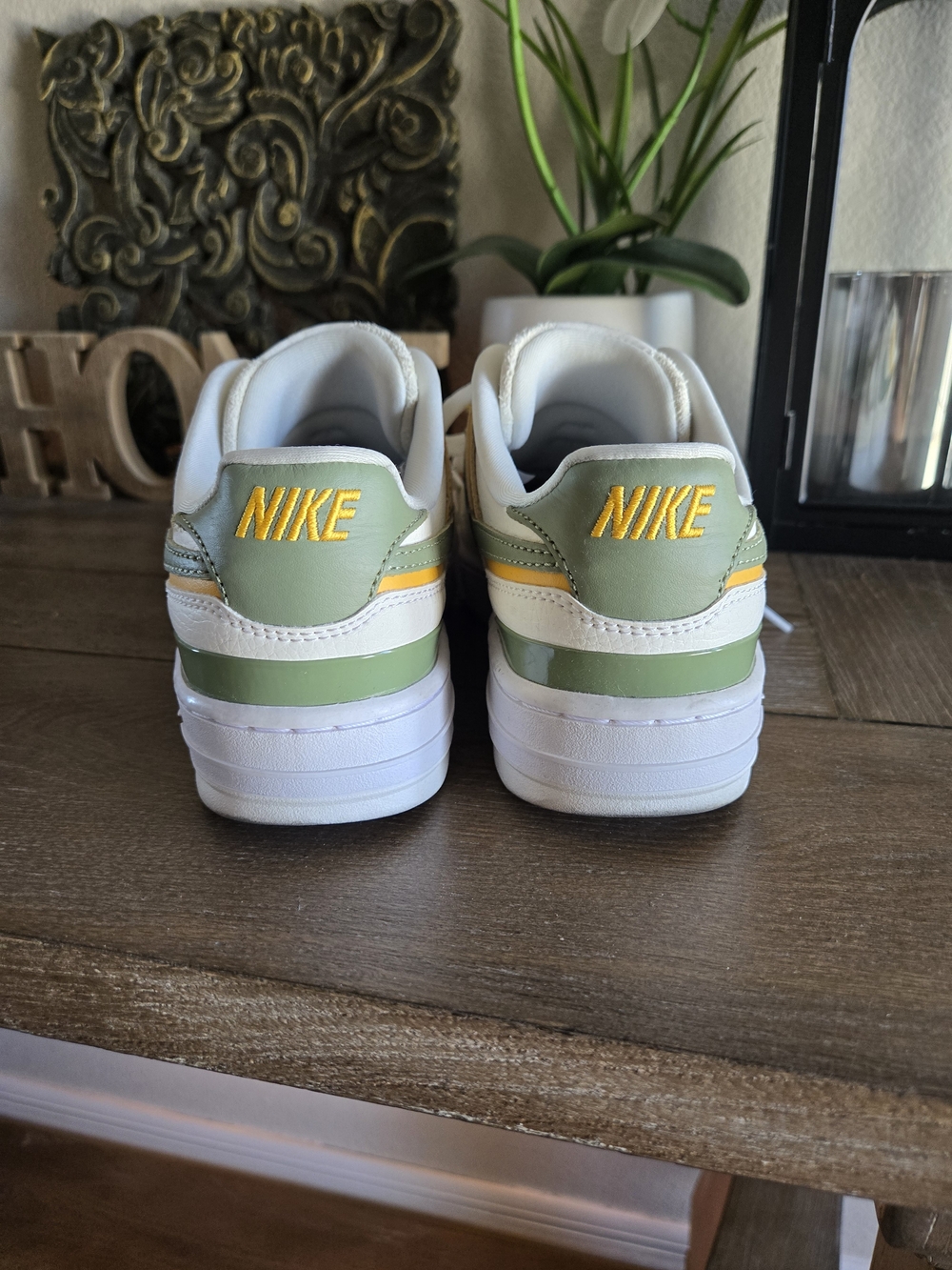 Nike Air Force 1 Cream/White Low-Top Sneakers with Green & Yellow Accents - Picture 4 of 8